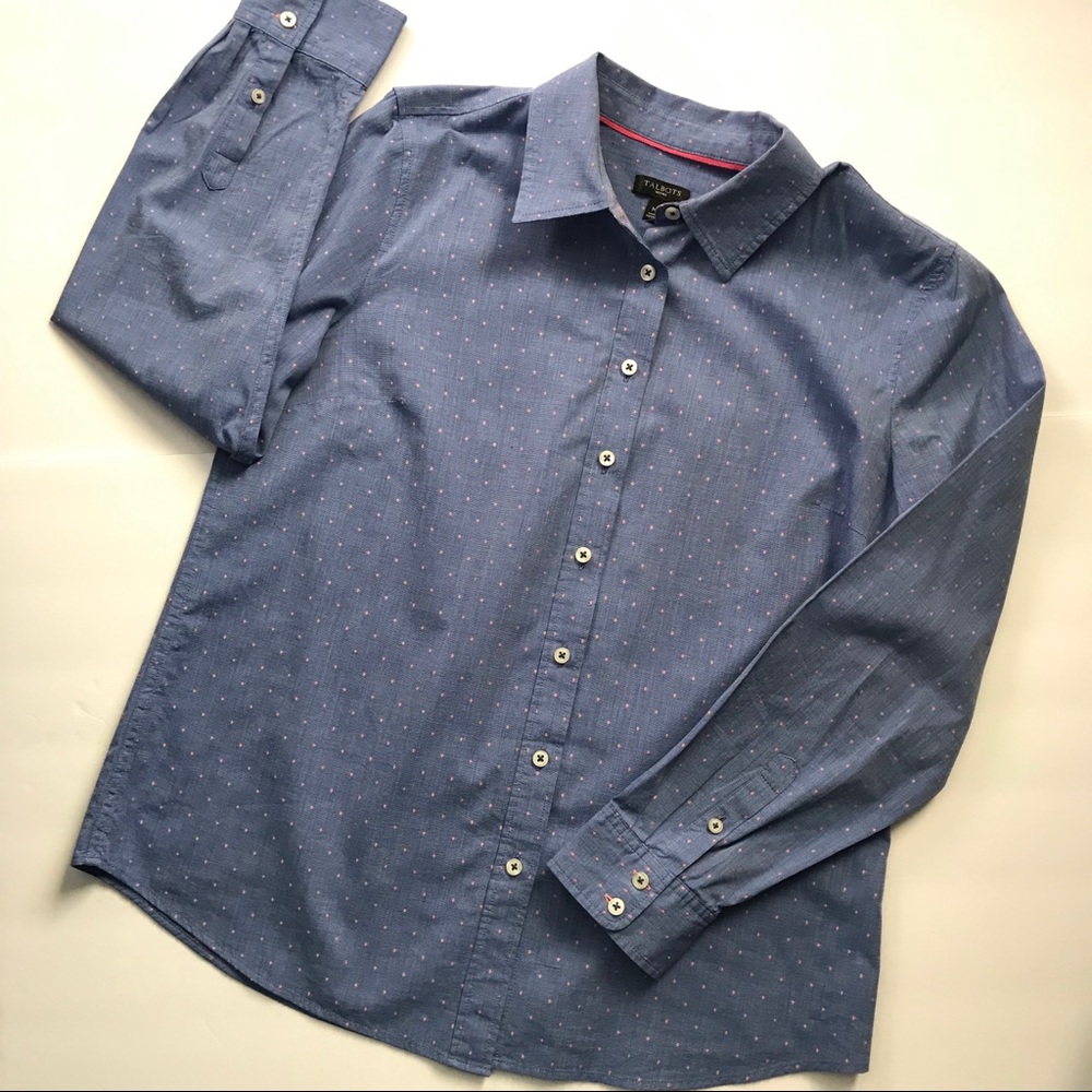 Talbots Embroidered Top Button Down Pastel Dots